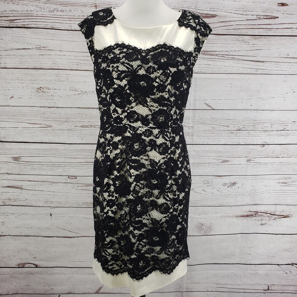 Eliza J Women's Cream Satin Black Lace Sleeveless Dress Size 8